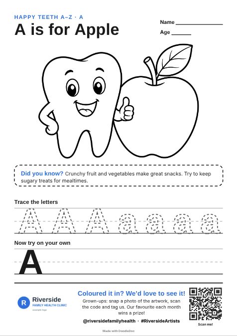 A is for Apple – dental colouring sheet for kids with letter tracing
