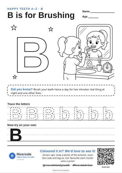 B is for Brushing – dental colouring sheet for kids with letter tracing