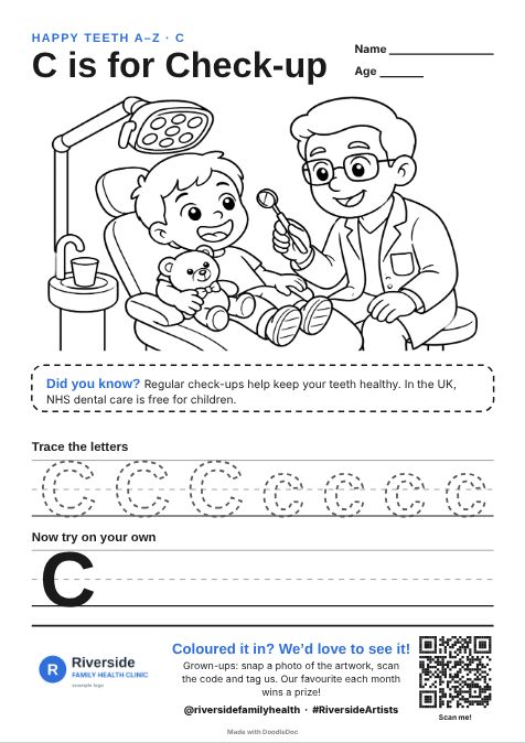 C is for Check-up – dental colouring sheet for kids with letter tracing