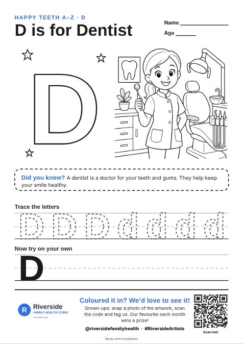 D is for Dentist – dental colouring sheet for kids with letter tracing