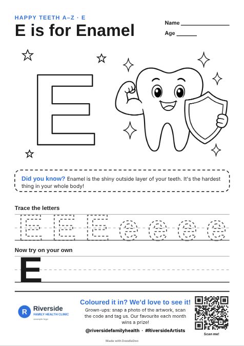 E is for Enamel – dental colouring sheet for kids with letter tracing