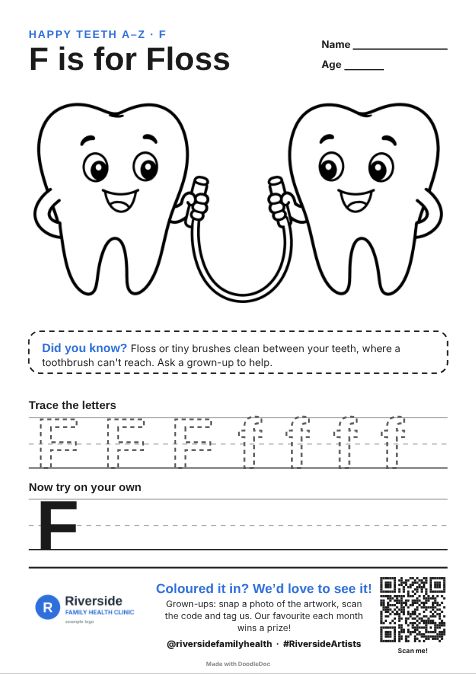 F is for Floss – dental colouring sheet for kids with letter tracing