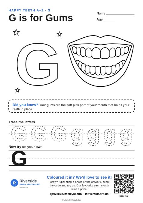 G is for Gums – dental colouring sheet for kids with letter tracing