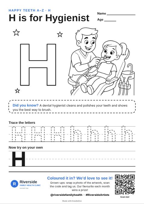 H is for Hygienist – dental colouring sheet for kids with letter tracing
