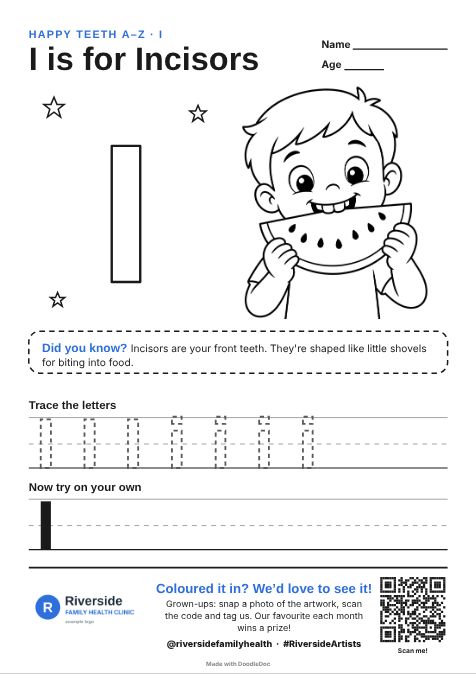 I is for Incisors – dental colouring sheet for kids with letter tracing