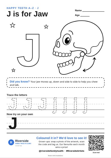 J is for Jaw – dental colouring sheet for kids with letter tracing