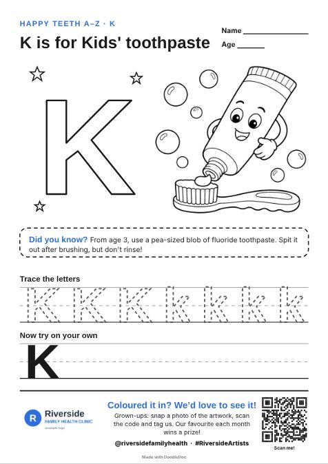 K is for Kids' toothpaste – dental colouring sheet for kids with letter tracing
