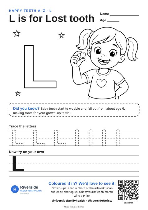 L is for Lost tooth – dental colouring sheet for kids with letter tracing