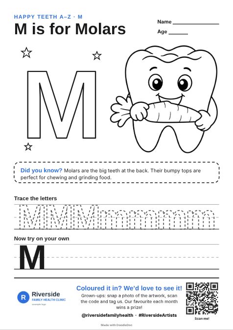 M is for Molars – dental colouring sheet for kids with letter tracing