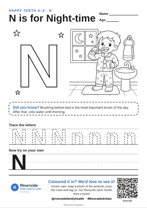 N is for Night-time – dental colouring sheet for kids with letter tracing