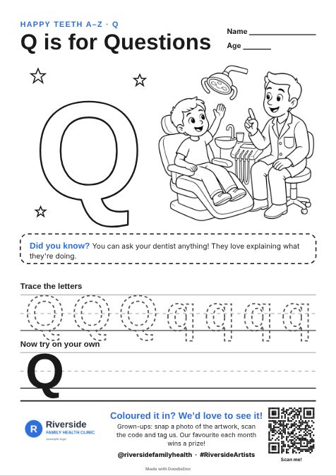 Q is for Questions – dental colouring sheet for kids with letter tracing