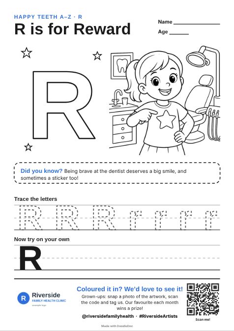 R is for Reward – dental colouring sheet for kids with letter tracing