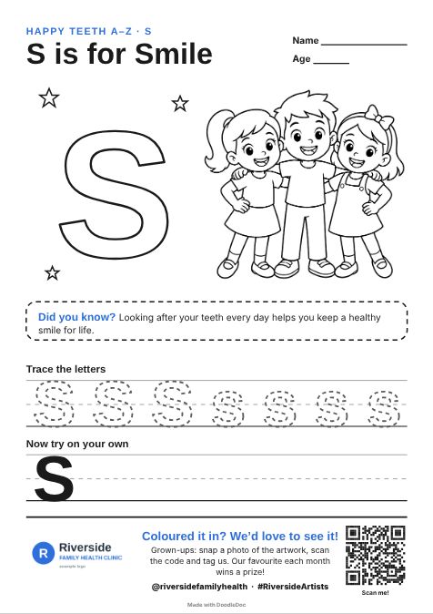 S is for Smile – dental colouring sheet for kids with letter tracing