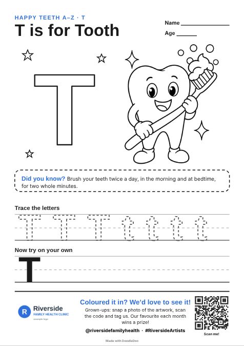 T is for Tooth – dental colouring sheet for kids with letter tracing
