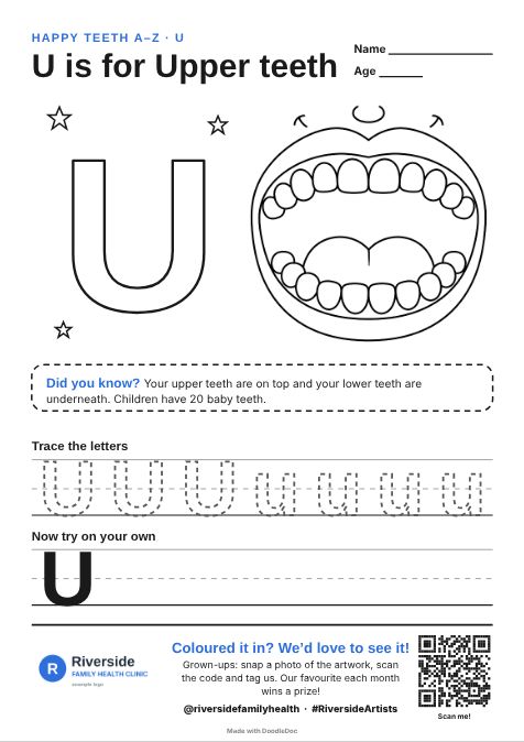 U is for Upper teeth – dental colouring sheet for kids with letter tracing