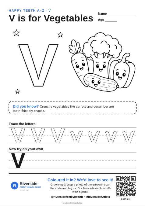 V is for Vegetables – dental colouring sheet for kids with letter tracing