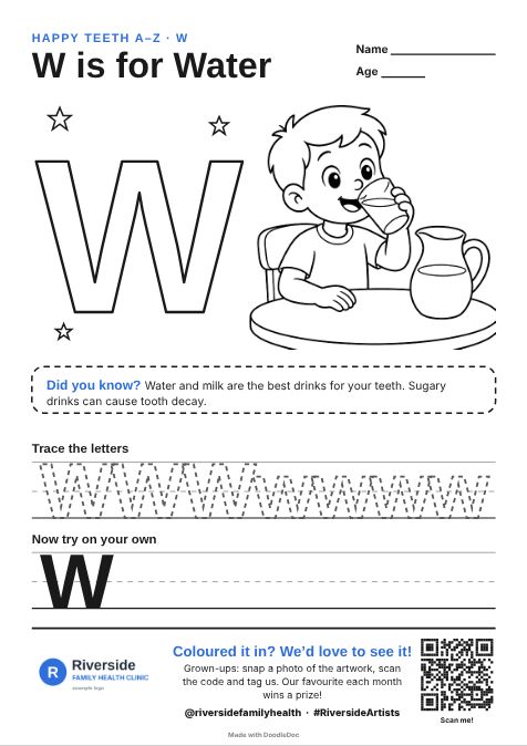 W is for Water – dental colouring sheet for kids with letter tracing