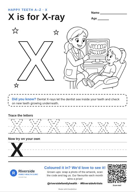 X is for X-ray – dental colouring sheet for kids with letter tracing