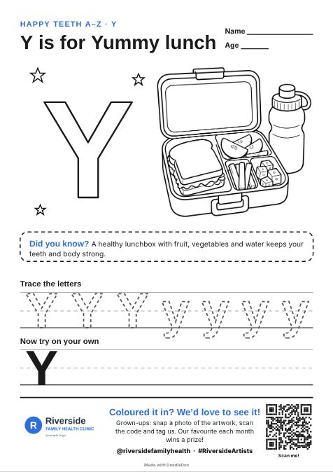 Y is for Yummy lunch – dental colouring sheet for kids with letter tracing