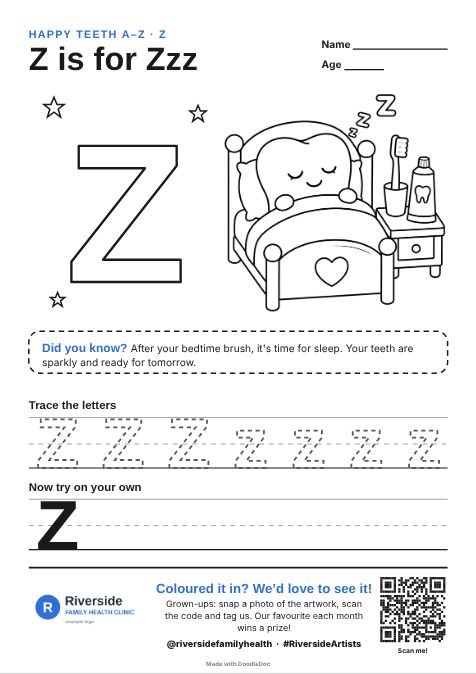 Z is for Zzz – dental colouring sheet for kids with letter tracing
