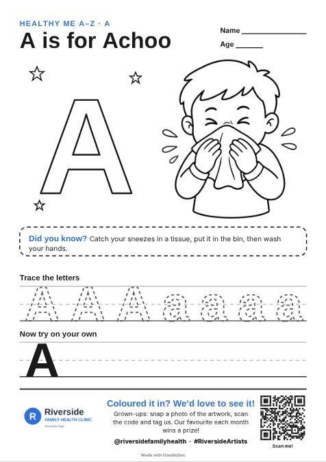 A is for Achoo – gp & doctors colouring sheet for kids with letter tracing