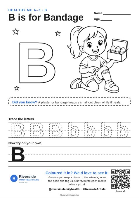 B is for Bandage – gp & doctors colouring sheet for kids with letter tracing