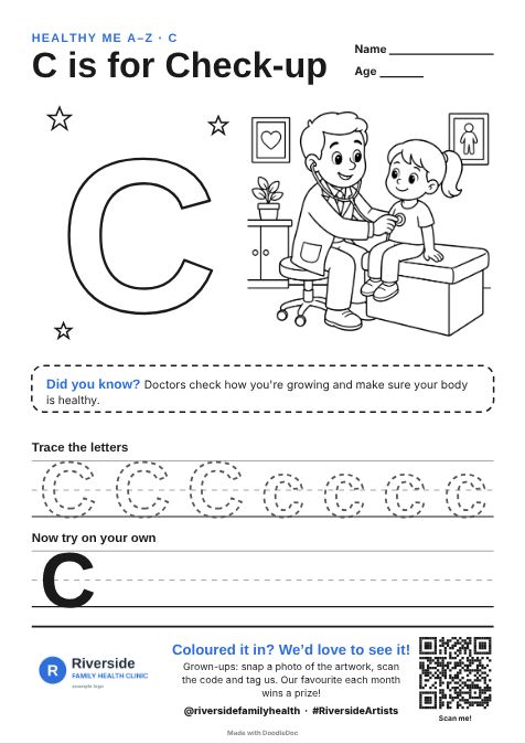 C is for Check-up – gp & doctors colouring sheet for kids with letter tracing