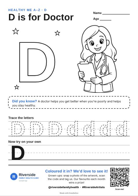 D is for Doctor – gp & doctors colouring sheet for kids with letter tracing