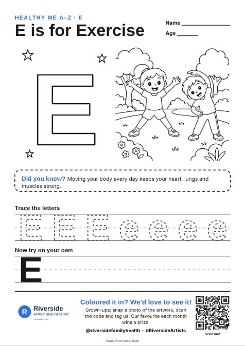 E is for Exercise – gp & doctors colouring sheet for kids with letter tracing