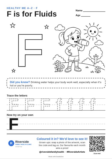 F is for Fluids – gp & doctors colouring sheet for kids with letter tracing