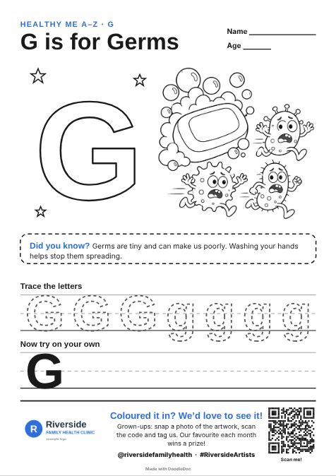 G is for Germs – gp & doctors colouring sheet for kids with letter tracing