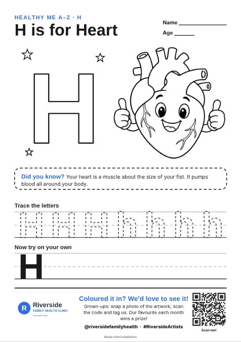 H is for Heart – gp & doctors colouring sheet for kids with letter tracing