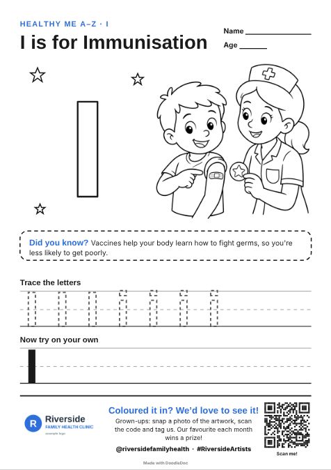 I is for Immunisation – gp & doctors colouring sheet for kids with letter tracing
