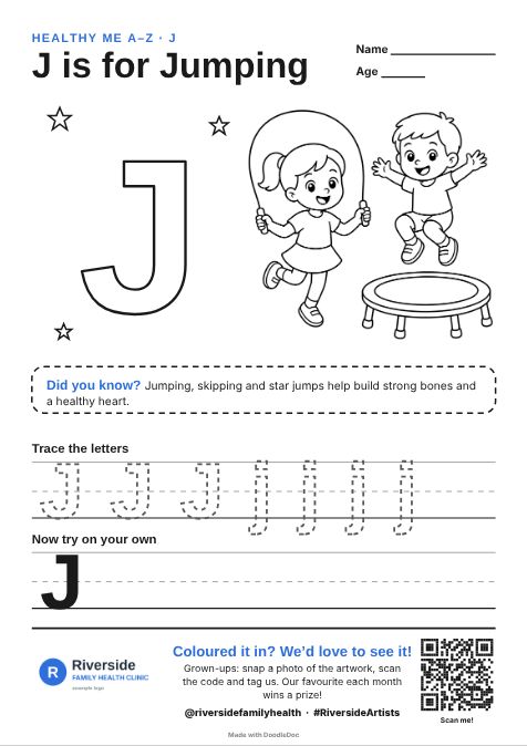 J is for Jumping – gp & doctors colouring sheet for kids with letter tracing