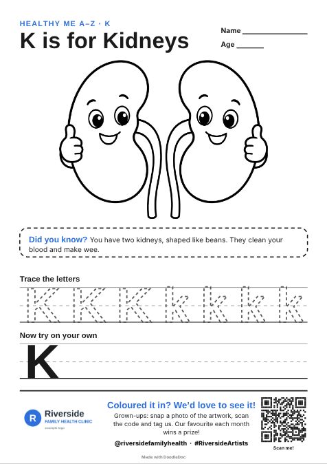 K is for Kidneys – gp & doctors colouring sheet for kids with letter tracing