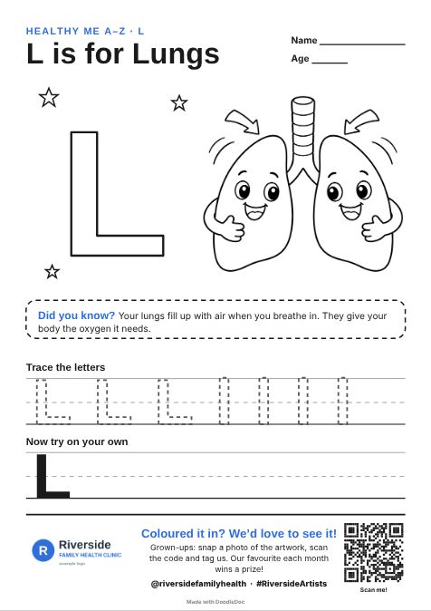 L is for Lungs – gp & doctors colouring sheet for kids with letter tracing