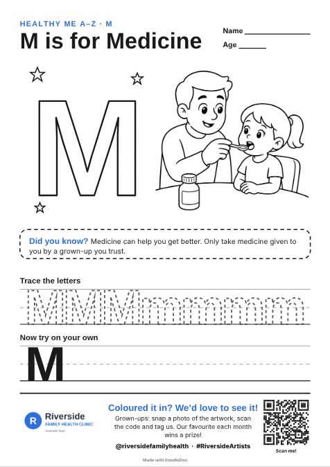 M is for Medicine – gp & doctors colouring sheet for kids with letter tracing