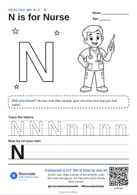 N is for Nurse – gp & doctors colouring sheet for kids with letter tracing