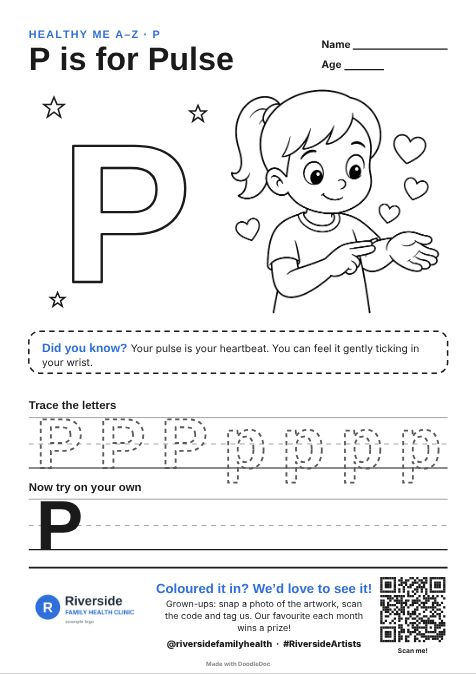 P is for Pulse – gp & doctors colouring sheet for kids with letter tracing