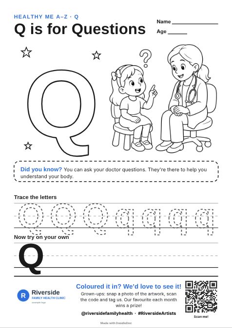 Q is for Questions – gp & doctors colouring sheet for kids with letter tracing
