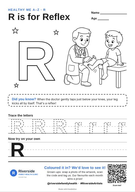 R is for Reflex – gp & doctors colouring sheet for kids with letter tracing