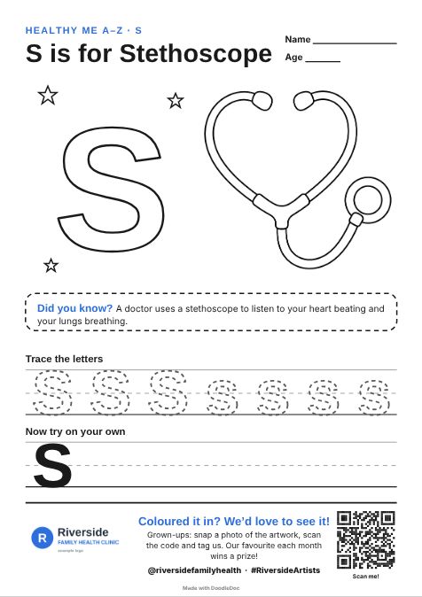 S is for Stethoscope – gp & doctors colouring sheet for kids with letter tracing