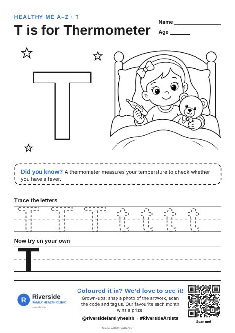 T is for Thermometer – gp & doctors colouring sheet for kids with letter tracing