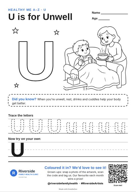 U is for Unwell – gp & doctors colouring sheet for kids with letter tracing
