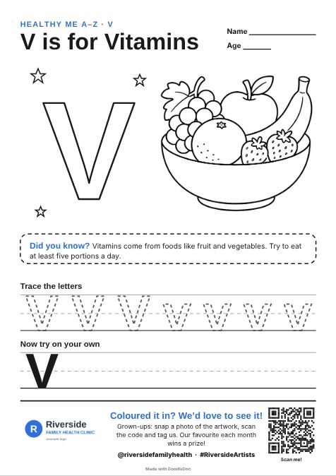 V is for Vitamins – gp & doctors colouring sheet for kids with letter tracing