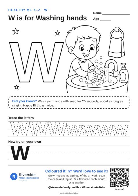 W is for Washing hands – gp & doctors colouring sheet for kids with letter tracing