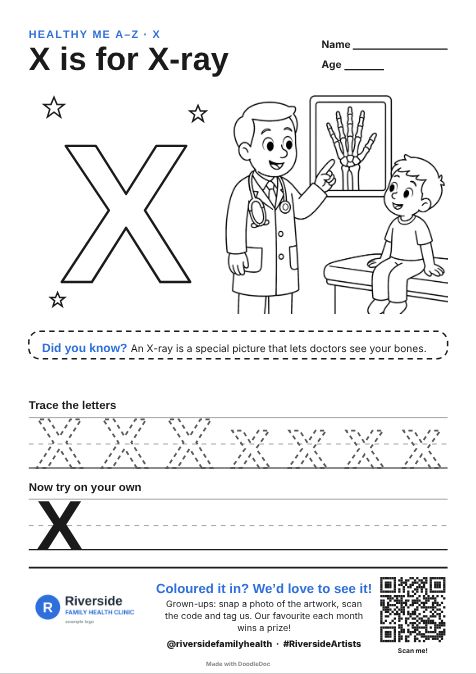 X is for X-ray – gp & doctors colouring sheet for kids with letter tracing