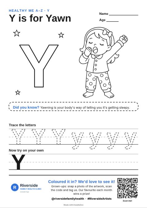 Y is for Yawn – gp & doctors colouring sheet for kids with letter tracing
