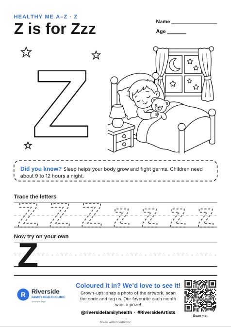 Z is for Zzz – gp & doctors colouring sheet for kids with letter tracing