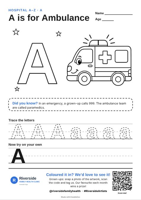A is for Ambulance – hospitals colouring sheet for kids with letter tracing